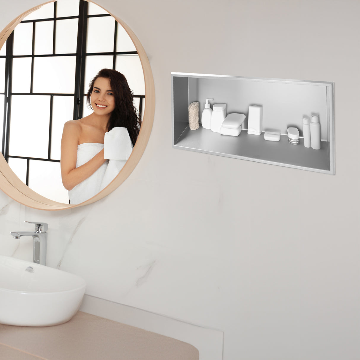 641 x 336 x 101mm Shower Niche Single Shelf Organizer No Tile Needed in Stainless Steel