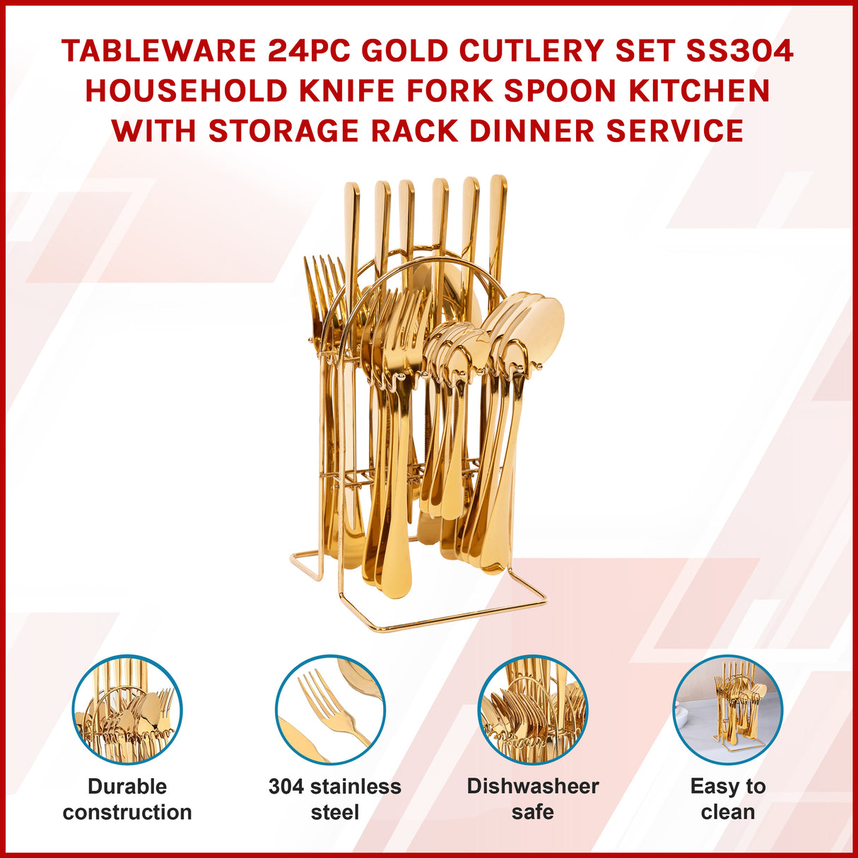 Tableware 24PC Gold Cutlery Set SS304 Household Knife Fork Spoon Kitchen with Storage Rack Dinner Service