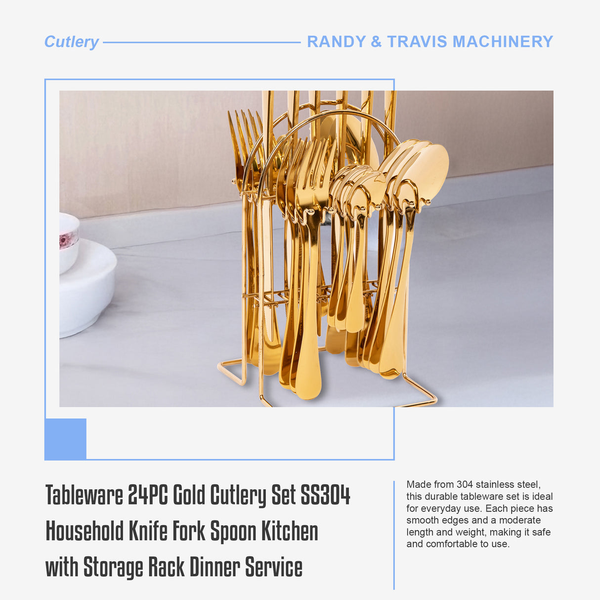 Tableware 24PC Gold Cutlery Set SS304 Household Knife Fork Spoon Kitchen with Storage Rack Dinner Service