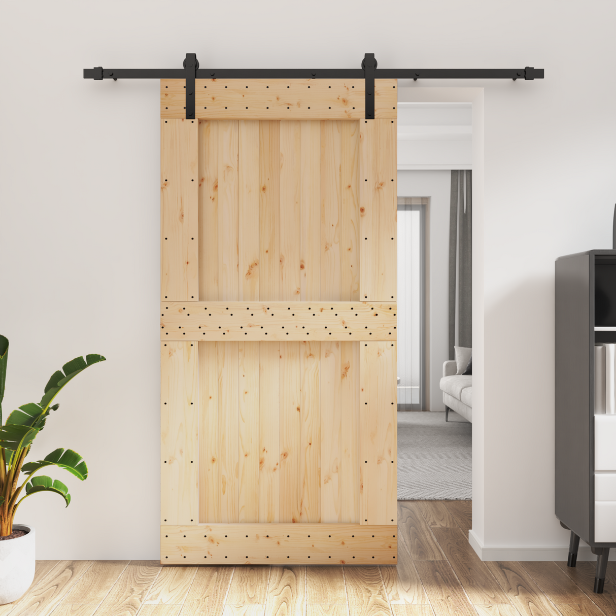 Sliding Door Natural and Black 100 x 210 cm Solid Pine Wood