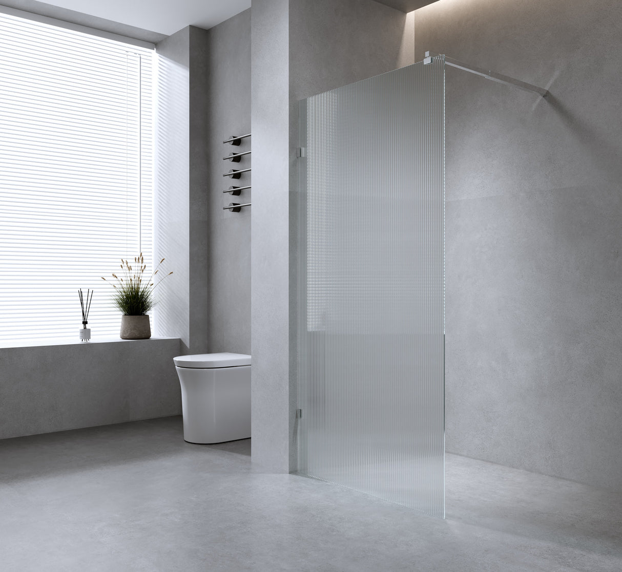 70cm Reeded Glass Shower Screen with White U-Brackets and Floor U-Bracket