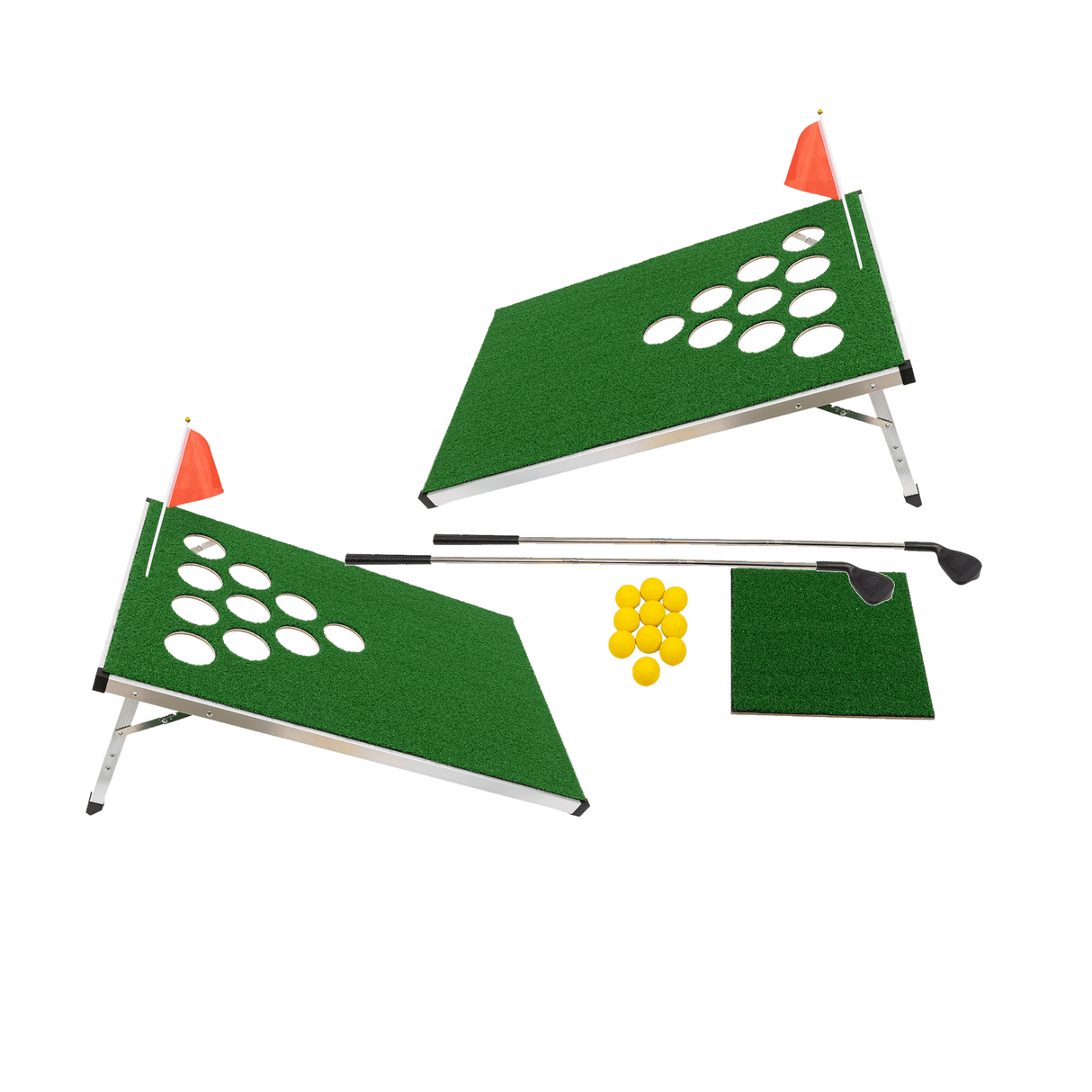 Golf Cornhole Game With Chipping Mats, Golf Balls, Putters