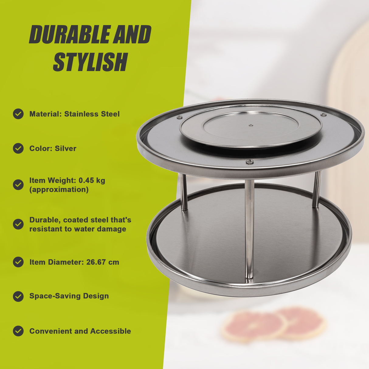 2-Tier Rack Lazy Susan Organiser Steel Kitchen Pantry Cabinet Storage