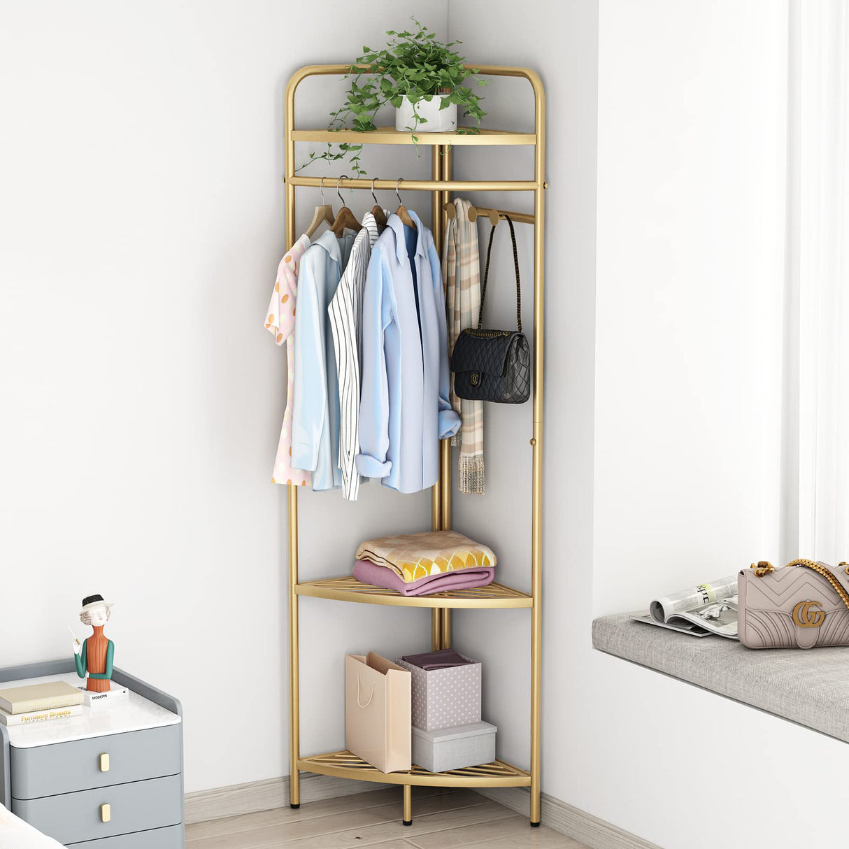 Corner Gold Clothing Rack – Stylish Clothes Storage Stand for Bedroom & Wardrobe