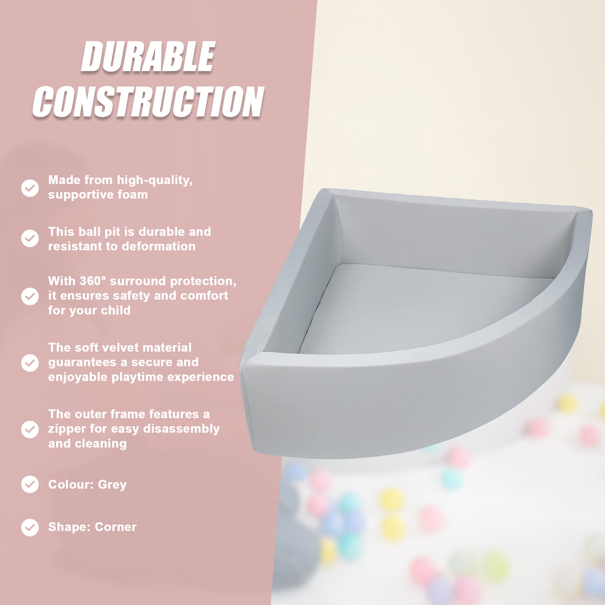 Corner Ball Pit Playpen Enclosure – Safe Grey Play Area for Babies and Toddlers, Indoor or Outdoor