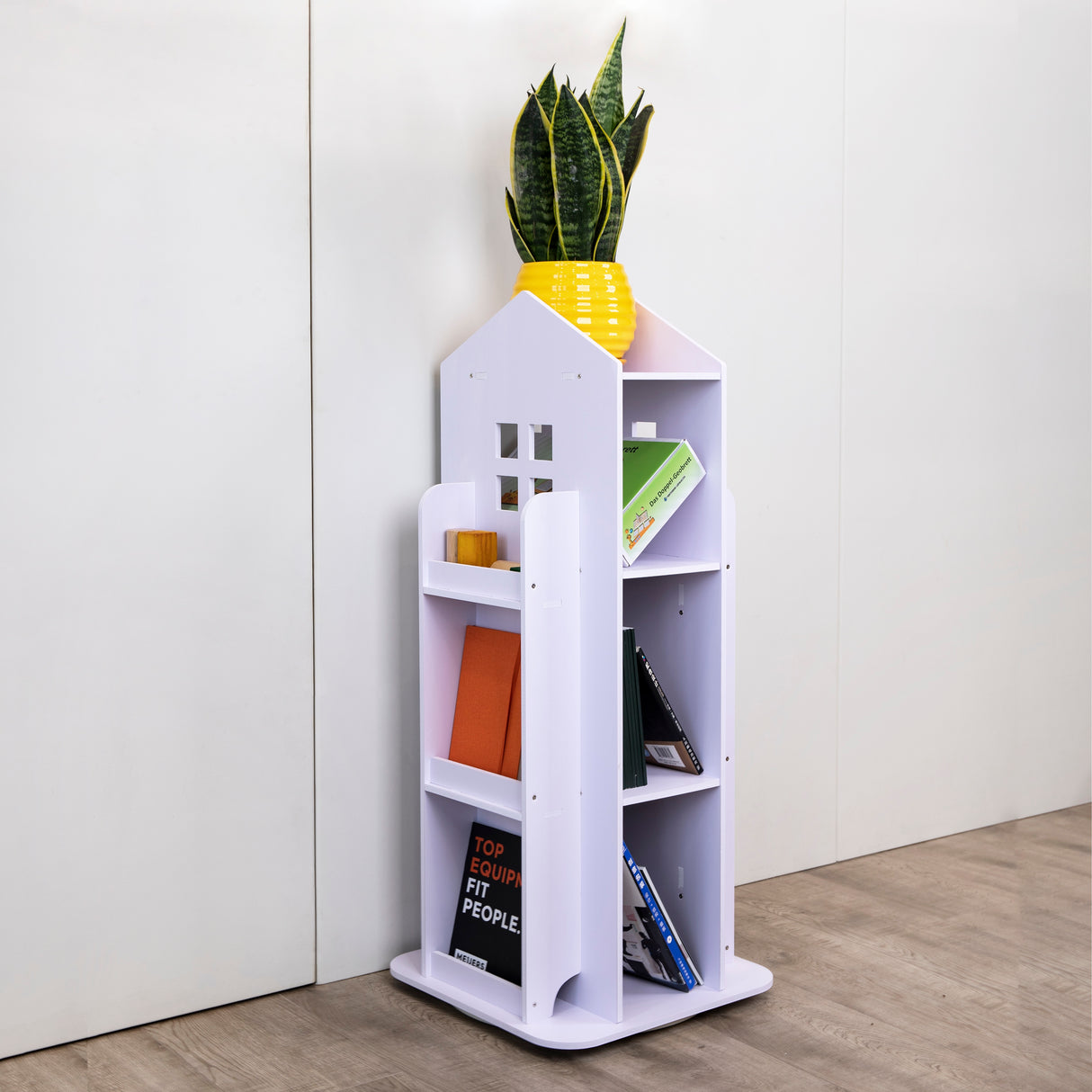 Rotating Bookcase Bookshelf Kid's Book Organiser Rack Wooden Castle Display Shelf