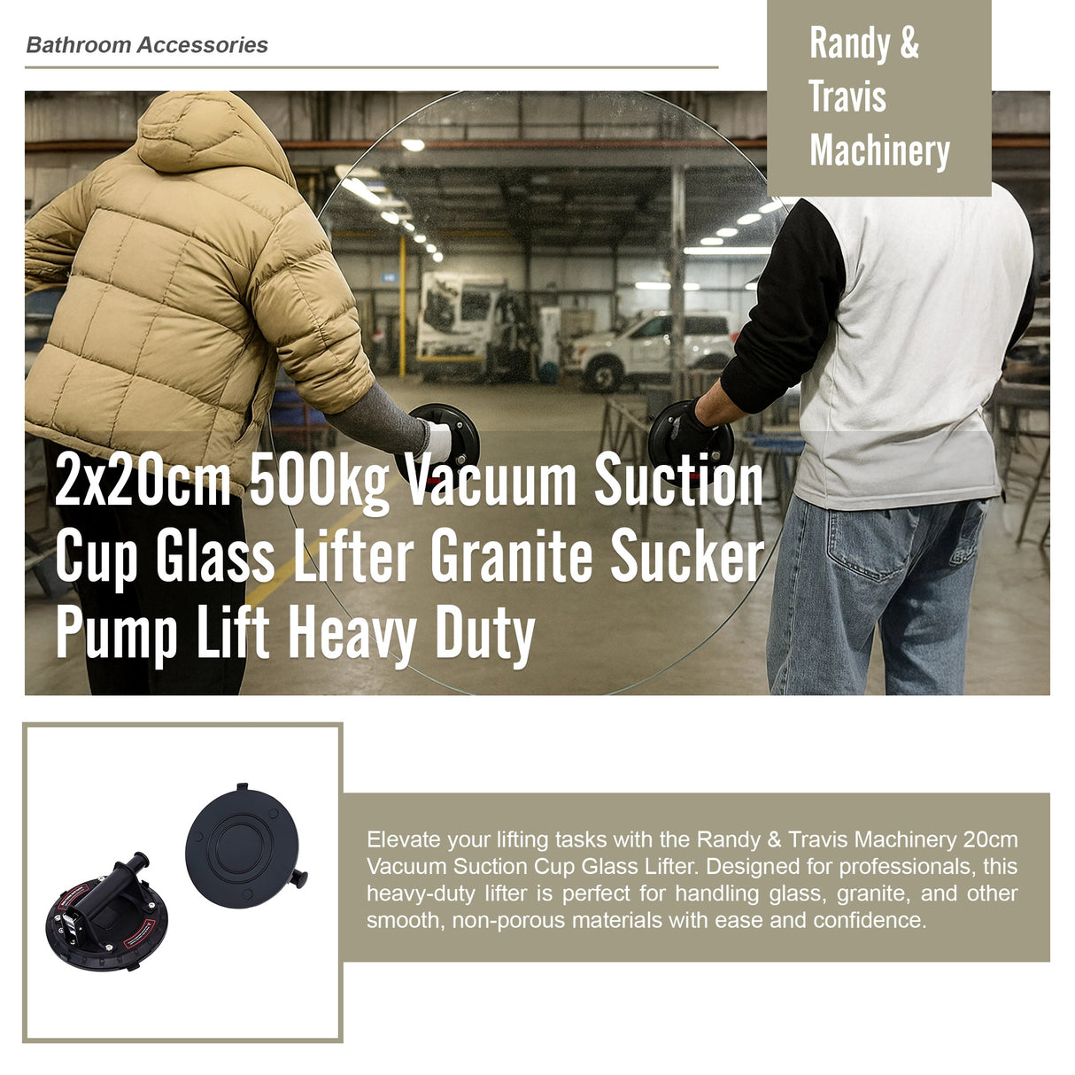 2x20cm 500kg Vacuum Suction Cup Glass Lifter Granite Sucker Pump Lift Heavy Duty