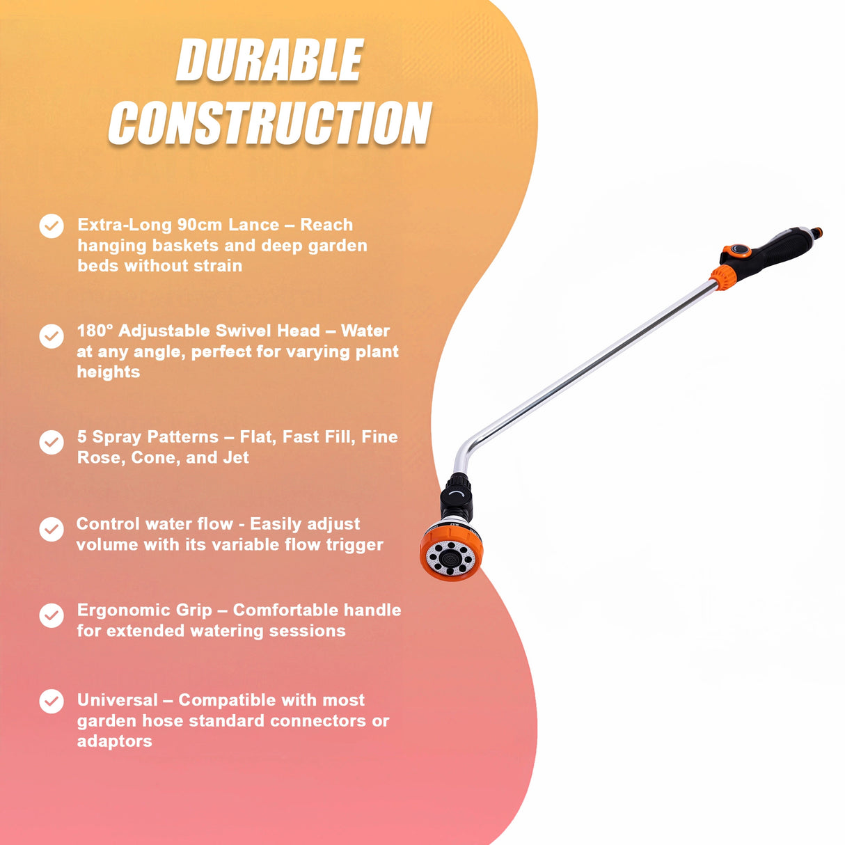 Garden Hose Lance Spray Long Reach 90cm Multi Gun Hanging