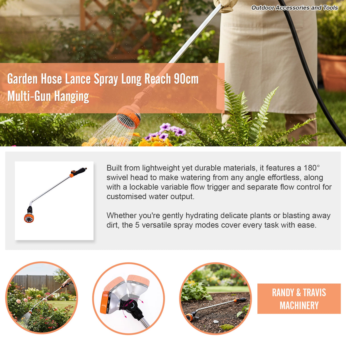 Garden Hose Lance Spray Long Reach 90cm Multi Gun Hanging
