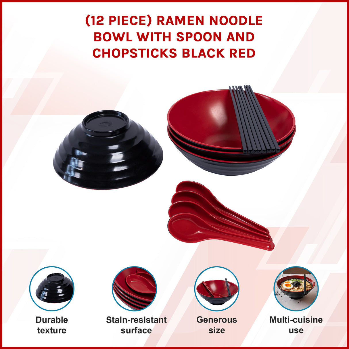 12 Piece Ramen Noodle Bowl with Spoon and Chopsticks Black Red