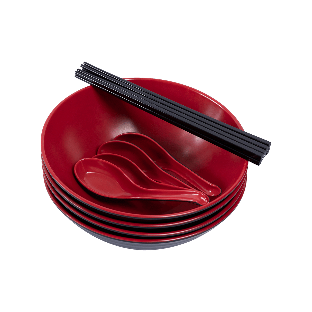 12 Piece Ramen Noodle Bowl with Spoon and Chopsticks Black Red