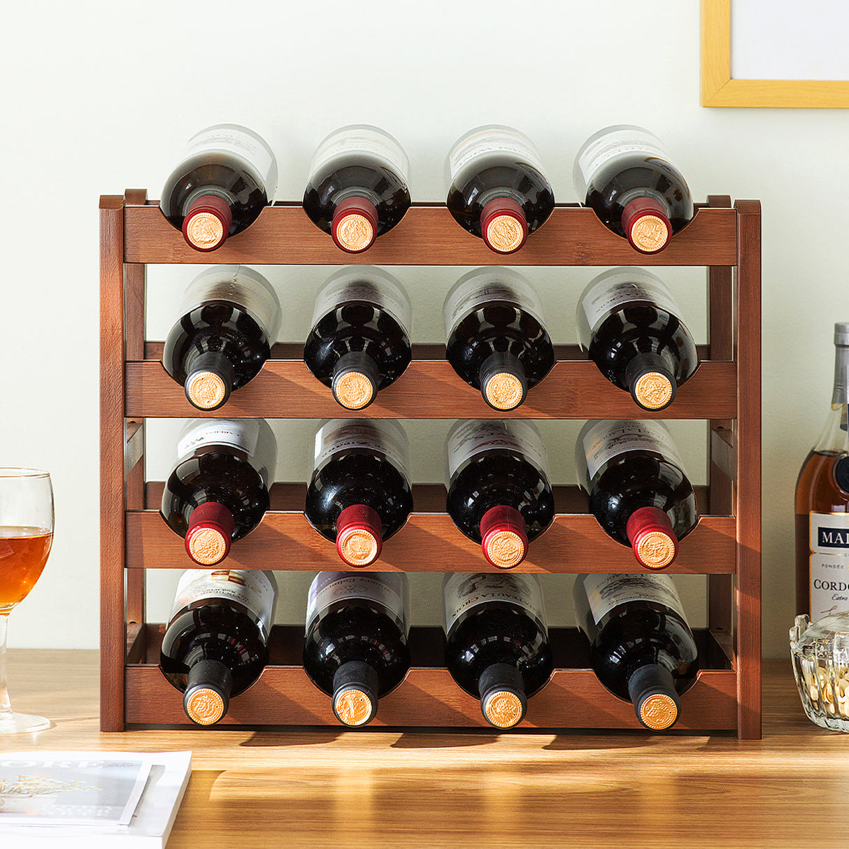 Bamboo Wine Rack Free Standing 15 Bottles with 6 Glasses Holder Storage in Brown