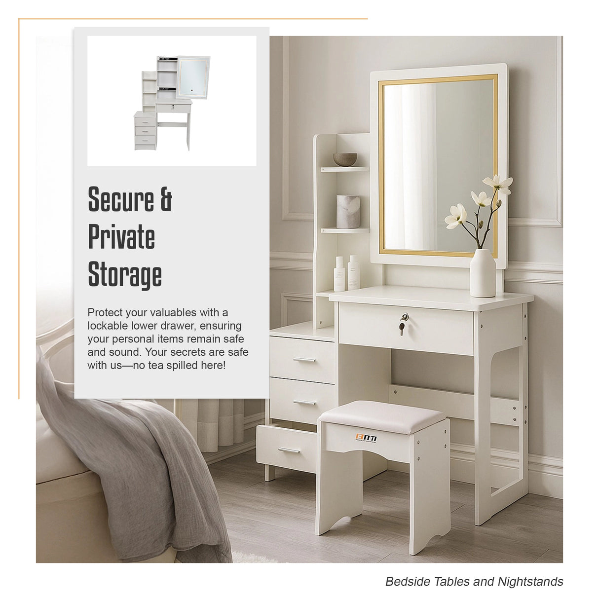 Dressing Table LED Makeup Mirror Stool Set Vanity Desk With Drawer Lighted