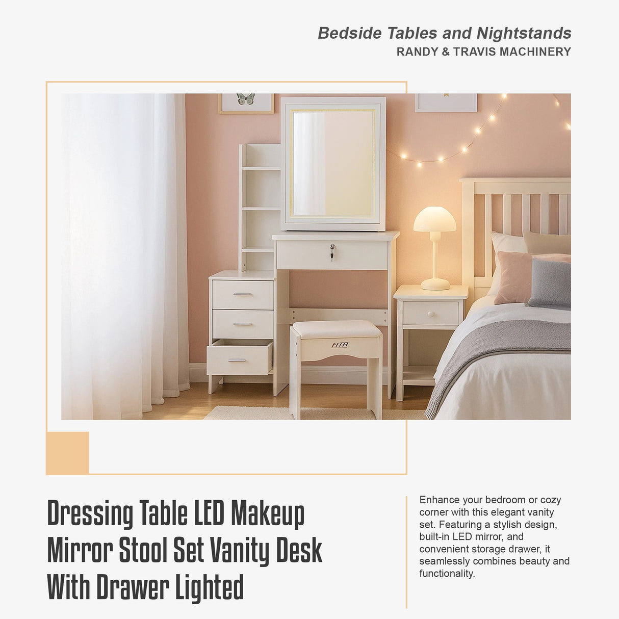 Dressing Table LED Makeup Mirror Stool Set Vanity Desk With Drawer Lighted