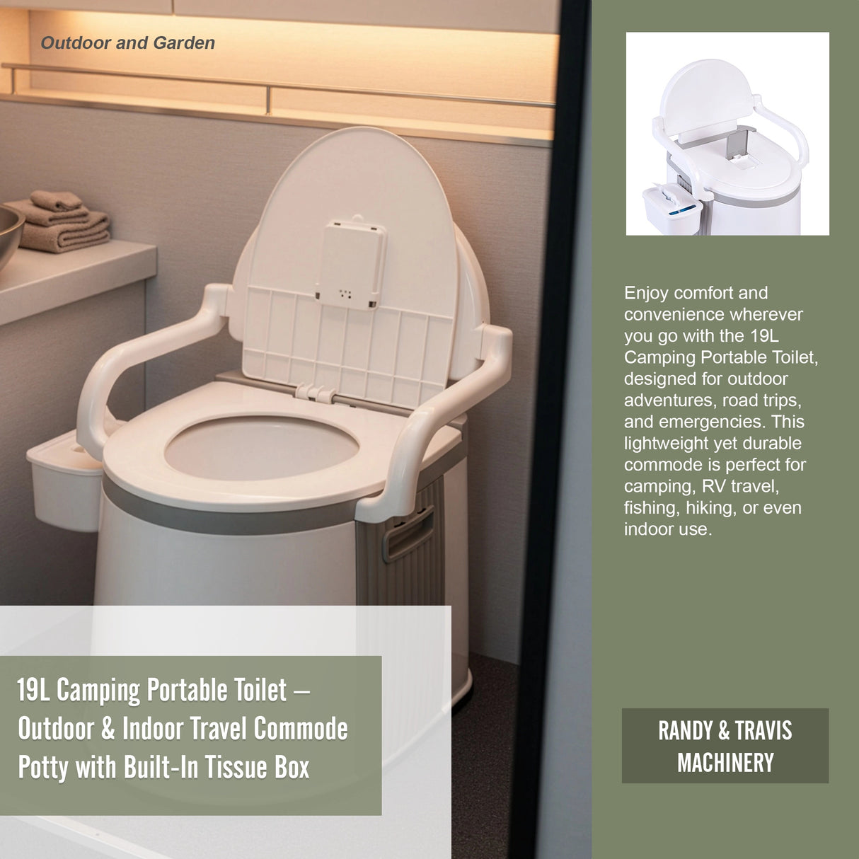 19L Camping Portable Toilet – Outdoor & Indoor Travel Commode Potty with Built-In Tissue Box