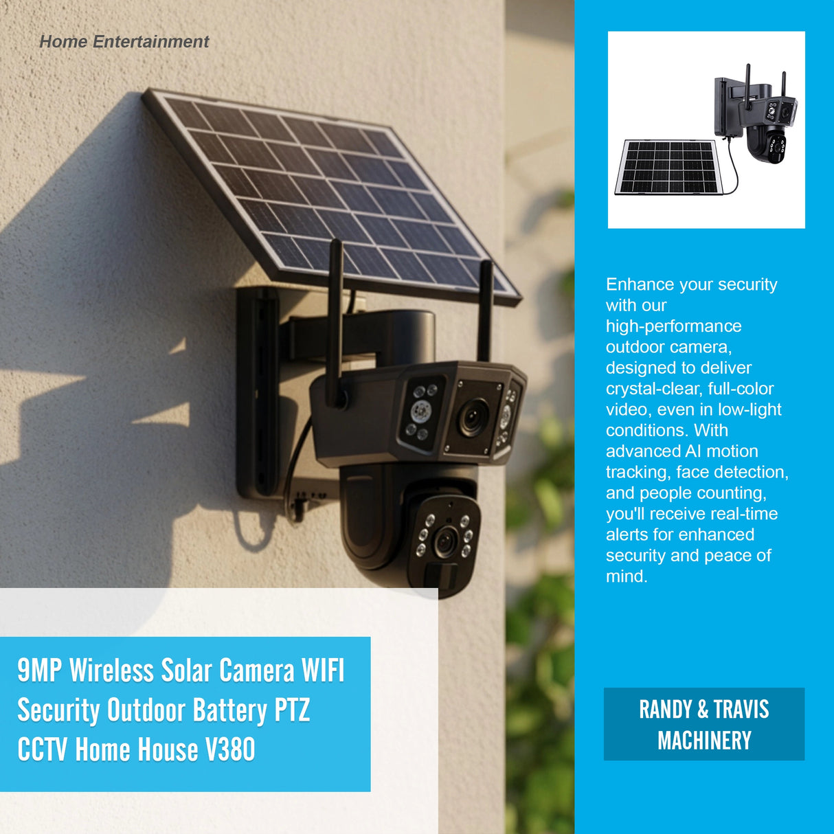 9MP Wireless Solar Camera WIFI Security Outdoor Battery PTZ CCTV Home House V380