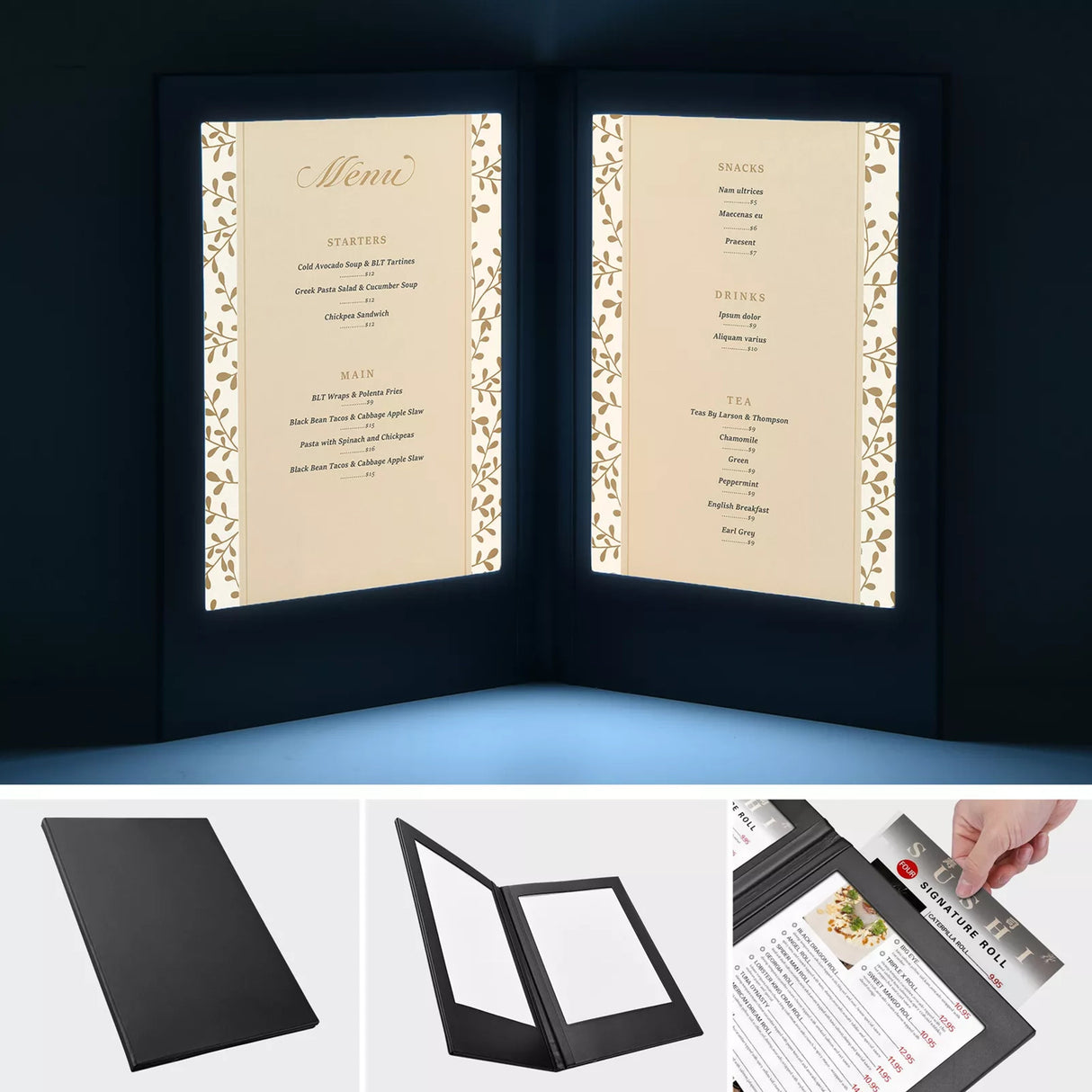 LED Back Lit Light Menu Holder Cover Folding Double Panel