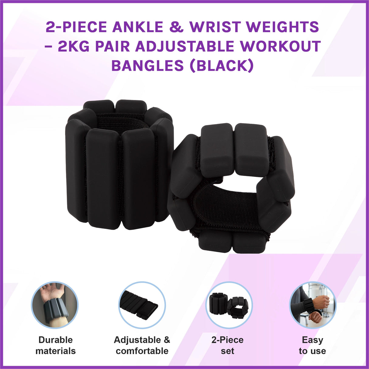 2-Piece Ankle & Wrist Weights – 2kg Pair Adjustable Workout Bangles (Black)