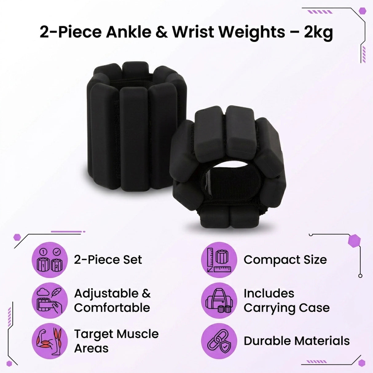 2-Piece Ankle & Wrist Weights – 2kg Pair Adjustable Workout Bangles (Black)