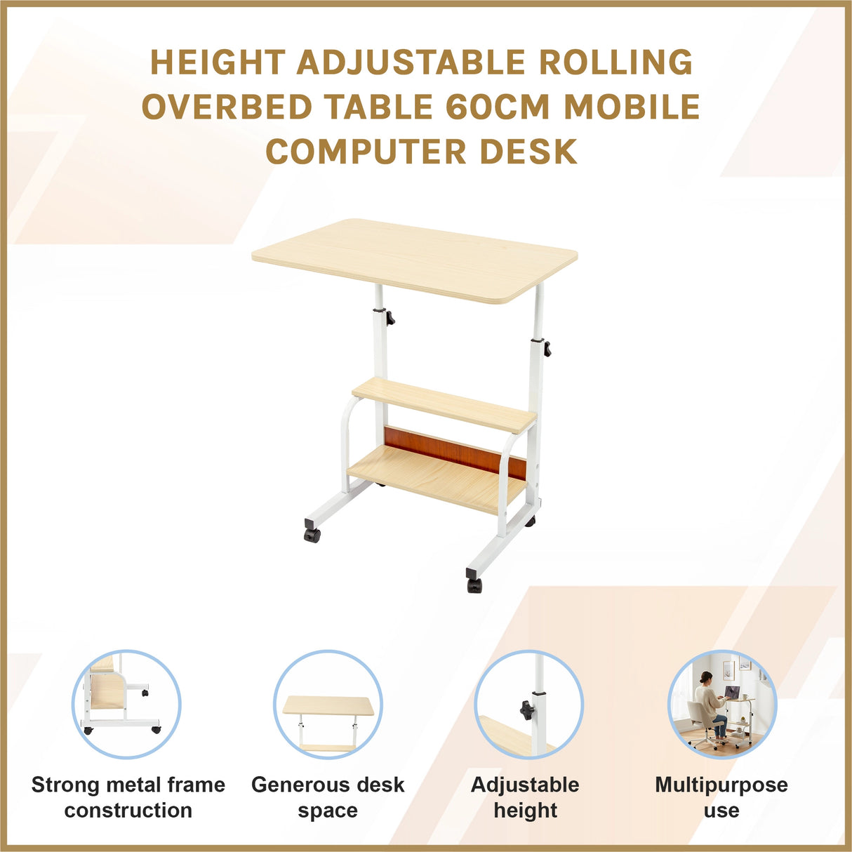 Height Adjustable Rolling Overbed Table 60cm Mobile Computer Desk