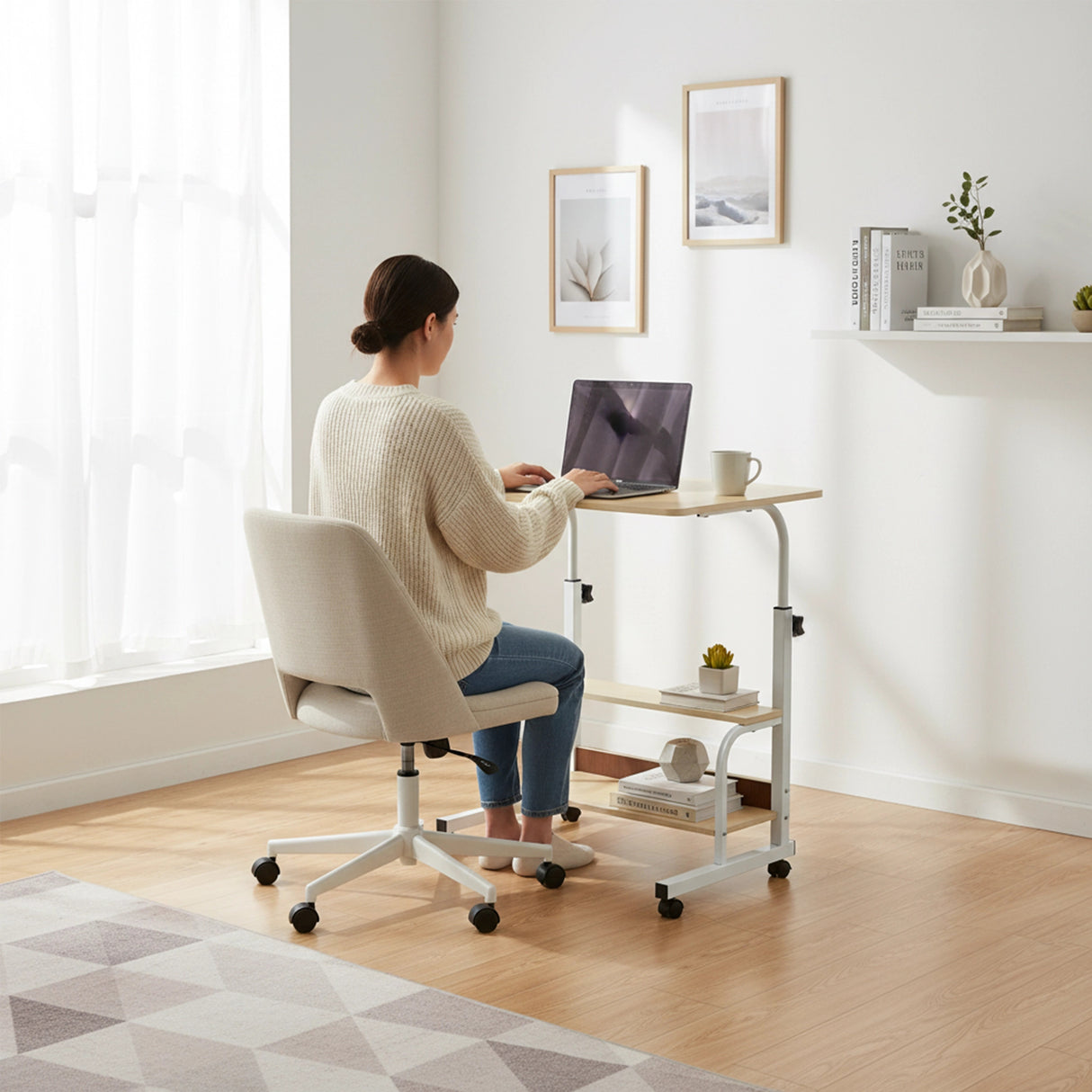 Height Adjustable Rolling Overbed Table 60cm Mobile Computer Desk