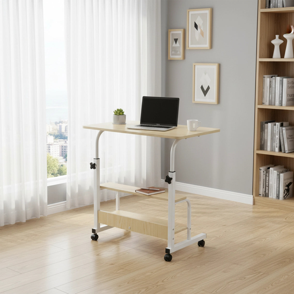 Height Adjustable Rolling Overbed Table 60cm Mobile Computer Desk