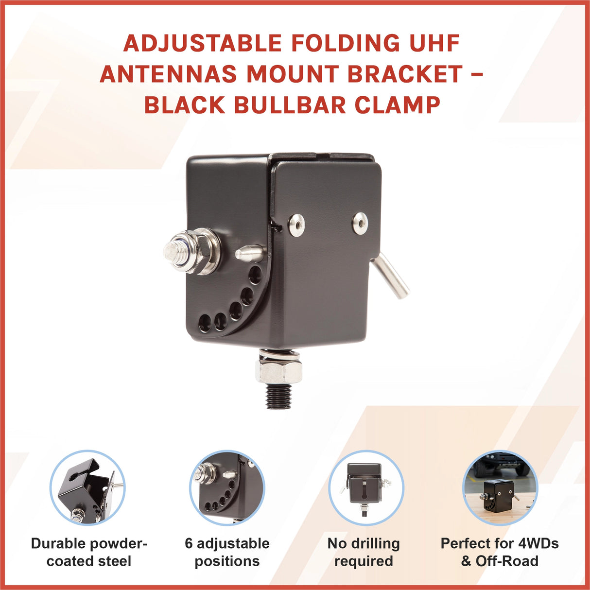 Adjustable Folding UHF Antennas Mount Bracket – Black Bullbar Clamp