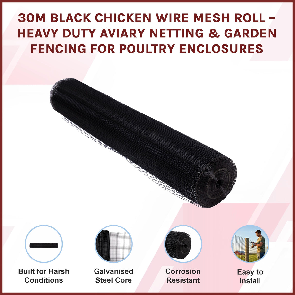 30m Black Chicken Wire Mesh Roll – Heavy Duty Aviary Netting & Garden Fencing for Poultry Enclosures