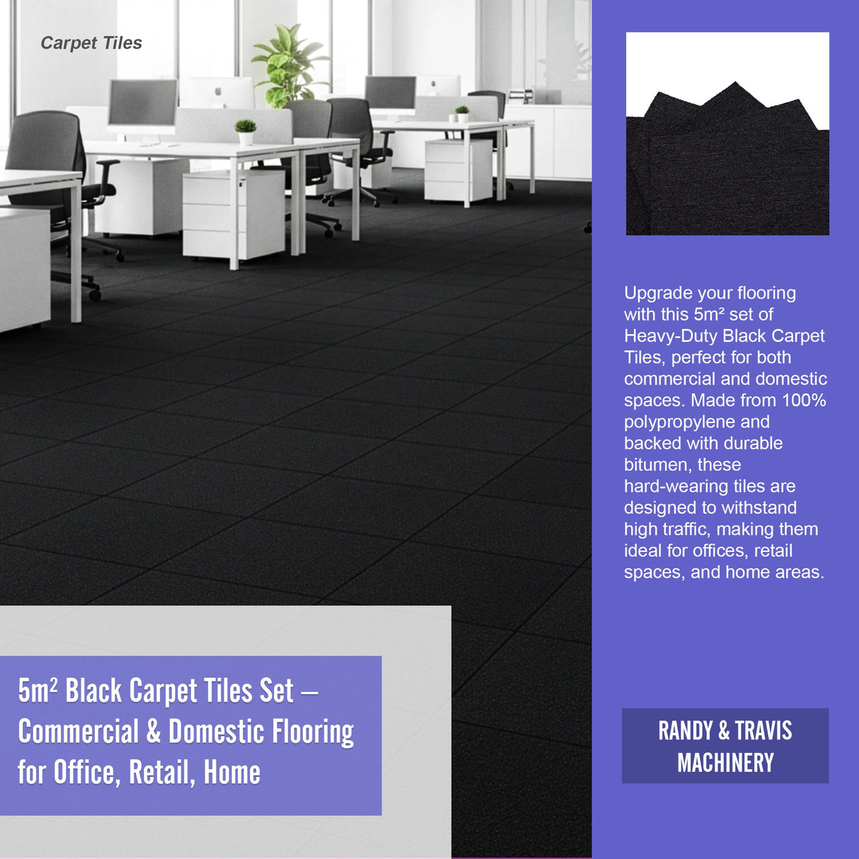 5m² Black Carpet Tiles Set – Commercial & Domestic Flooring for Office, Retail, Home