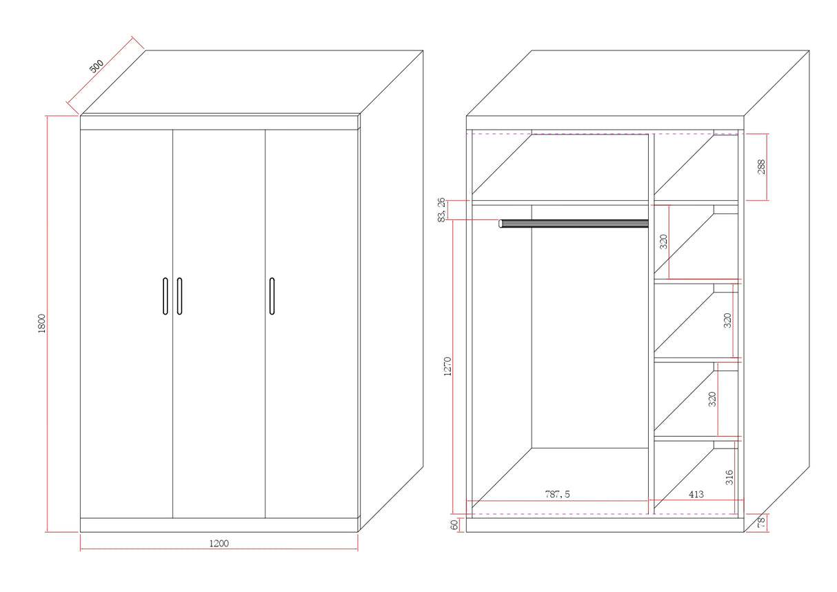 3 Door White Wardrobe – White Handles, Hanging Rail & Shelves