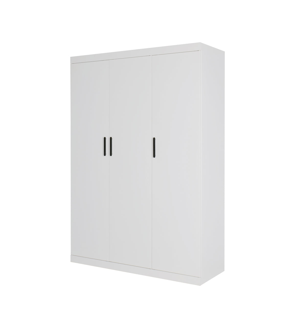 3 Door White Wardrobe – Black Handles, Hanging Rail & Shelves