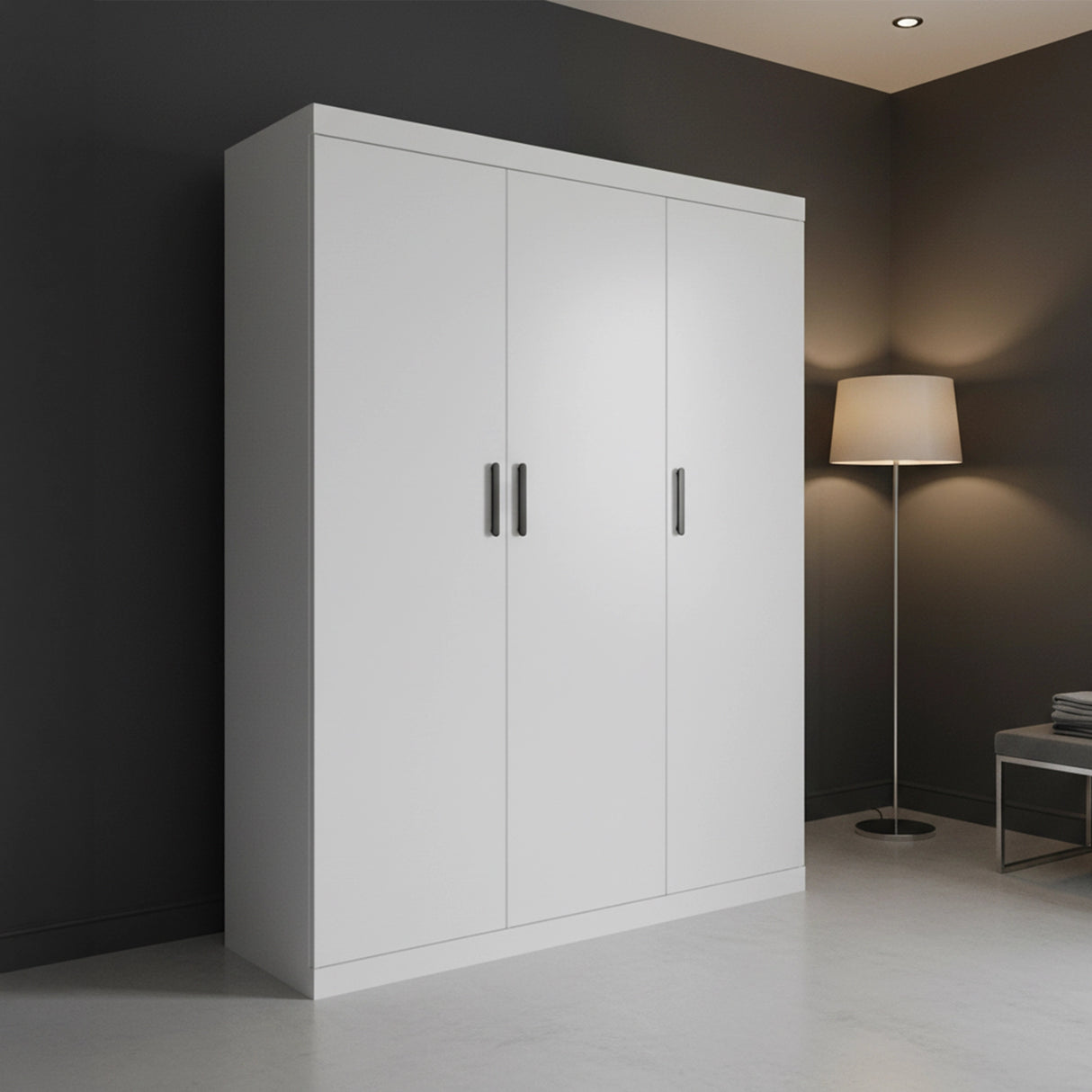 3 Door White Wardrobe – Black Handles, Hanging Rail & Shelves