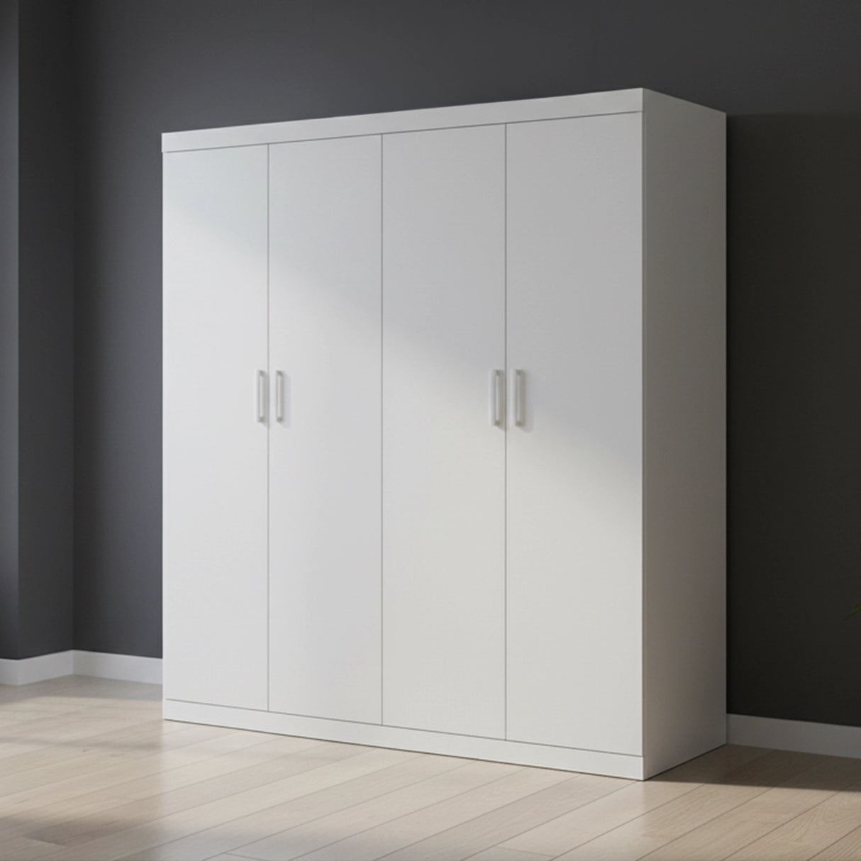 4 Door White Wardrobe Cabinet – Hanging Rail, Shelves & White Handles