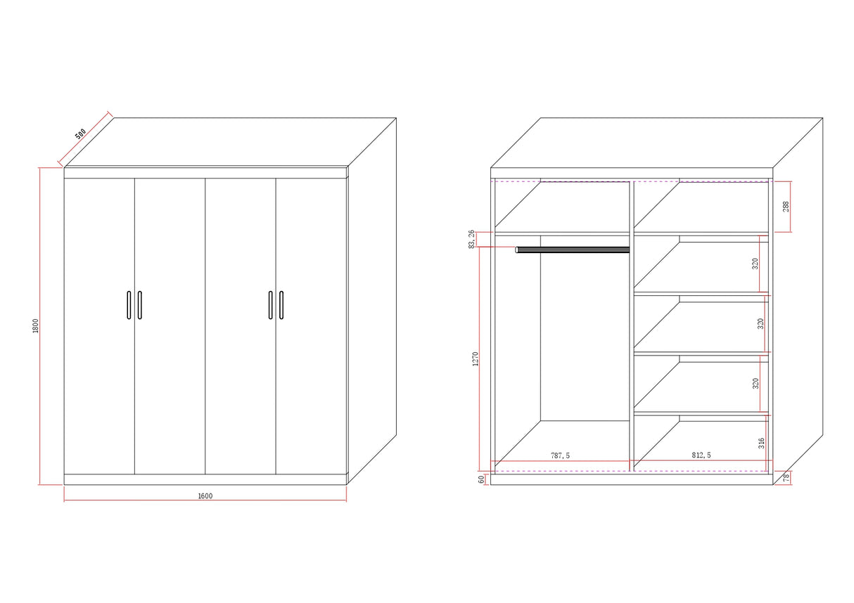 4 Door White Wardrobe Cabinet – Hanging Rail, Shelves & Black Handles