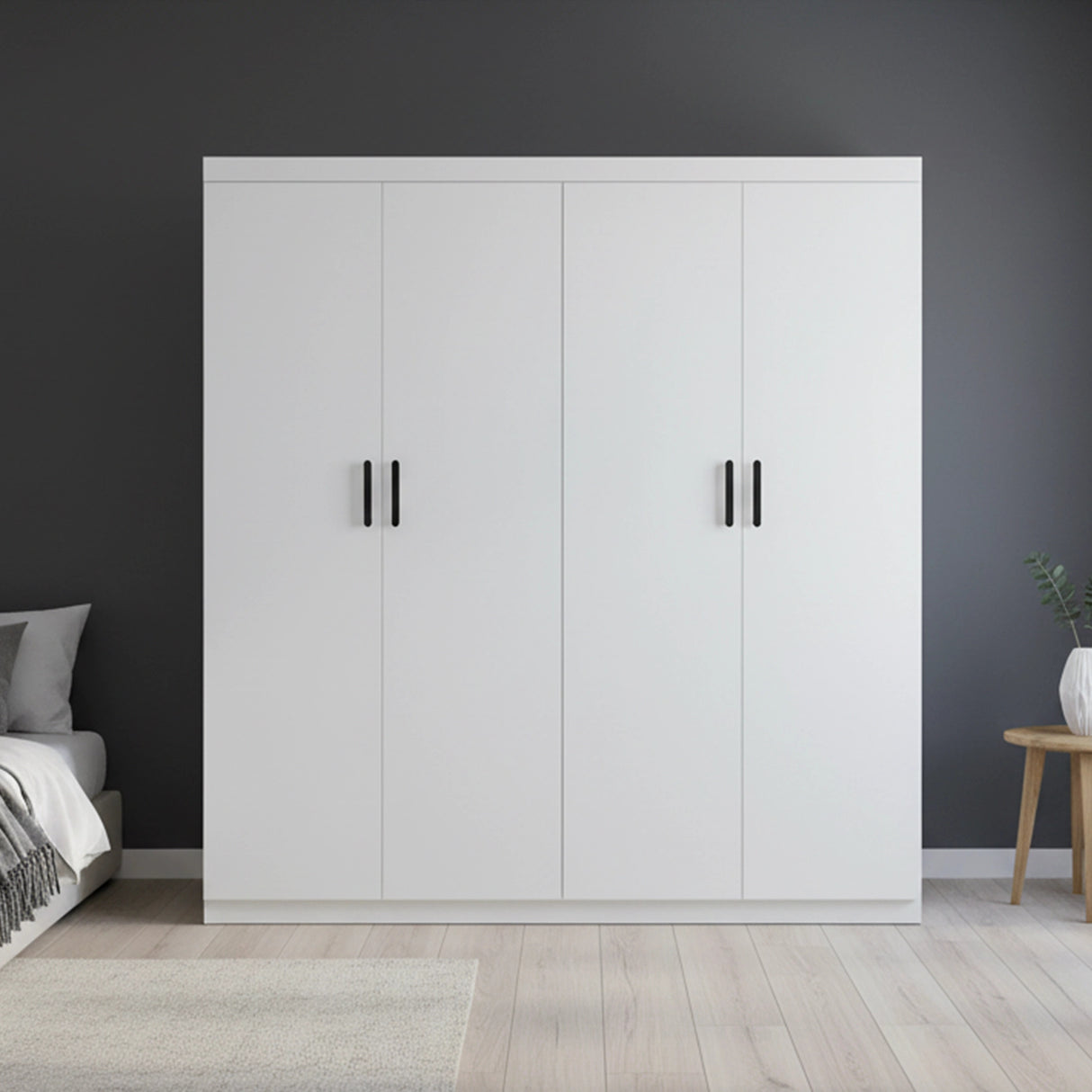 4 Door White Wardrobe Cabinet – Hanging Rail, Shelves & Black Handles