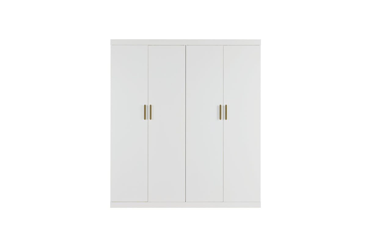 4 Door White Wardrobe Cabinet – Hanging Rail, Shelves & Gold Handles