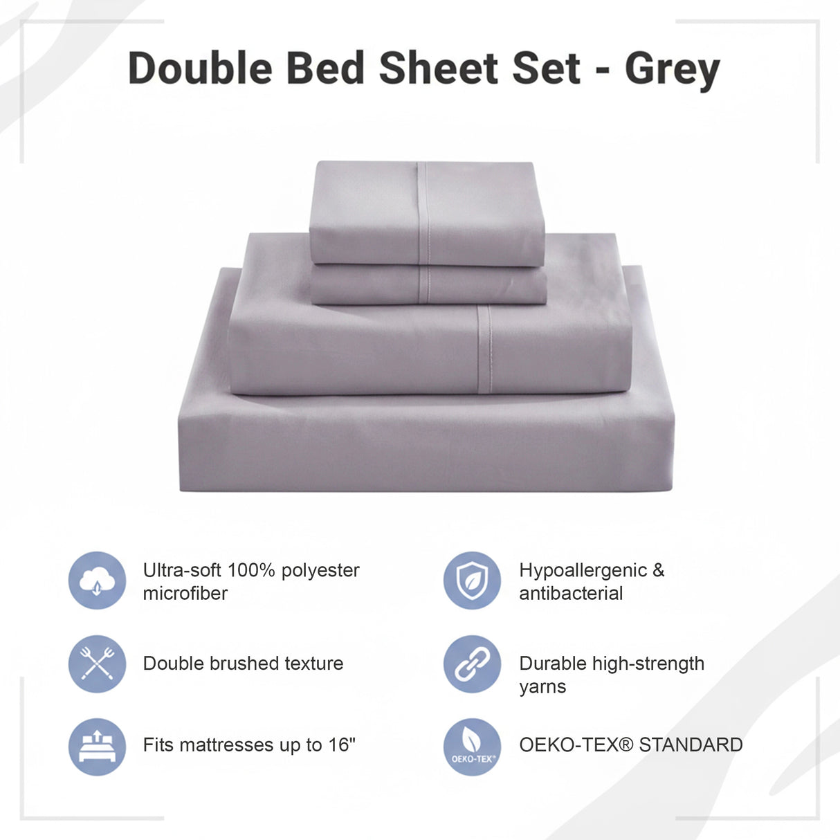 Double Bed Sheet Set – 1800 Series Microfiber, Deep Pocket, Soft & Breathable, Grey