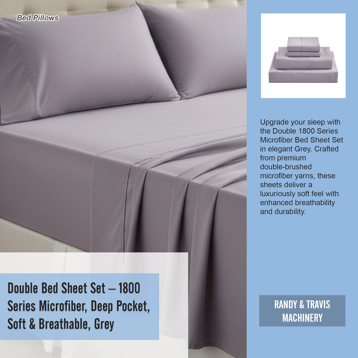 Double Bed Sheet Set – 1800 Series Microfiber, Deep Pocket, Soft & Breathable, Grey