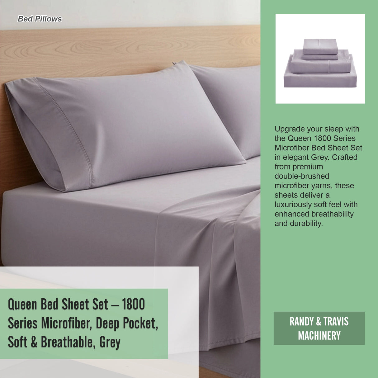 Queen Bed Sheet Set – 1800 Series Microfiber, Deep Pocket, Soft & Breathable, Grey