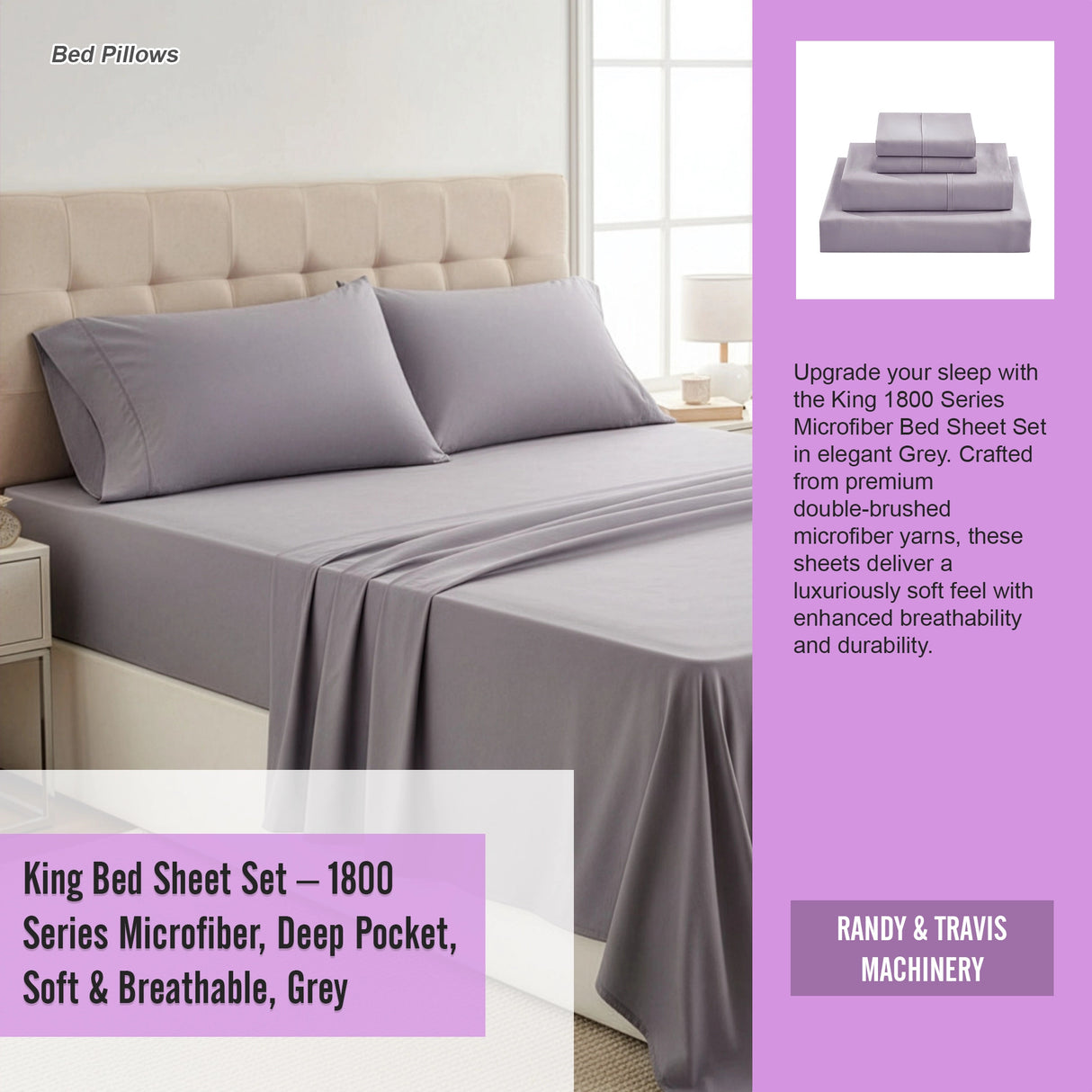 King Bed Sheet Set – 1800 Series Microfiber, Deep Pocket, Soft & Breathable, Grey
