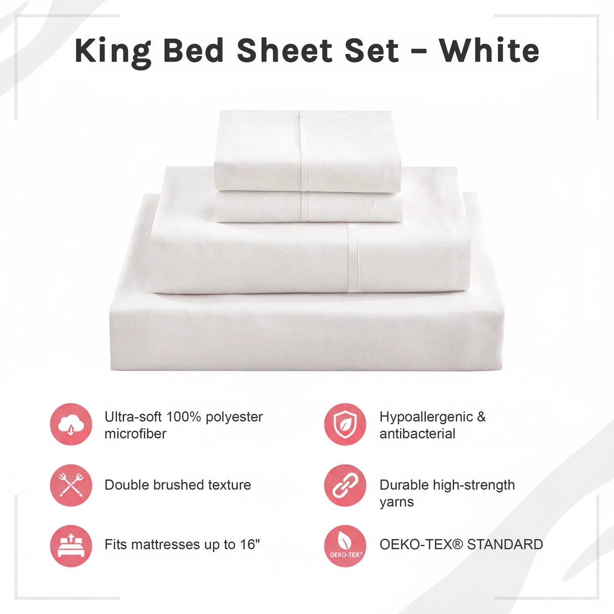 King Bed Sheet Set – 1800 Series Microfiber, Deep Pocket, Soft & Breathable, White