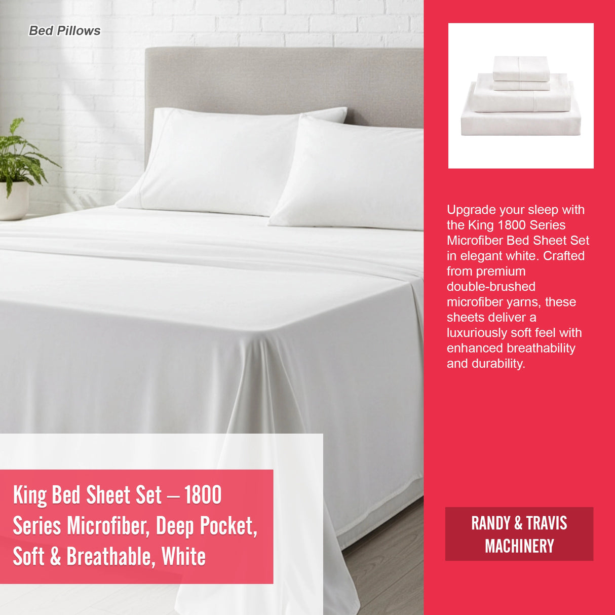 King Bed Sheet Set – 1800 Series Microfiber, Deep Pocket, Soft & Breathable, White