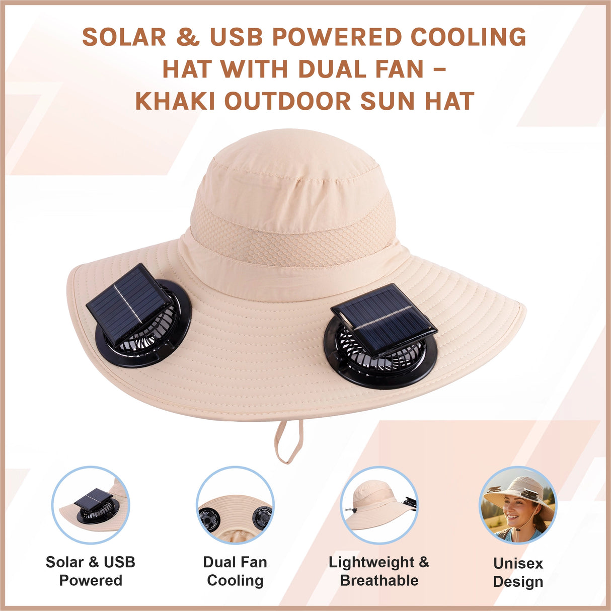 Solar & USB Powered Cooling Hat with Dual Fan – Khaki Outdoor Sun Hat