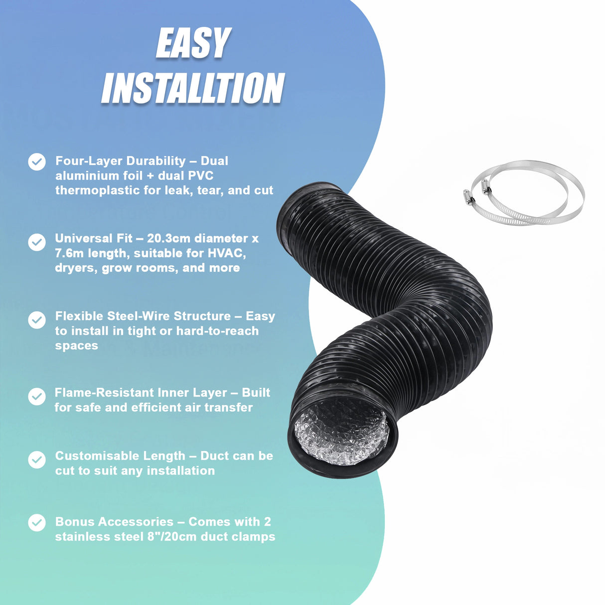 Flexible Aluminium Ducting 203mm x 7.6m 4 Layer Vent Hose HVAC Dryer