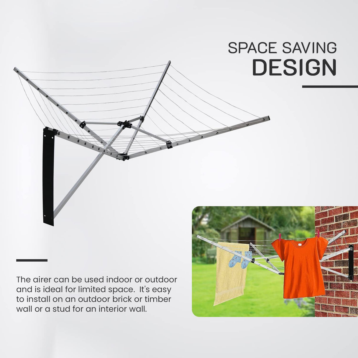 24m Folding Dryer for Laundry & Washing - Wall Mounted 5 Arm Clothes Airer