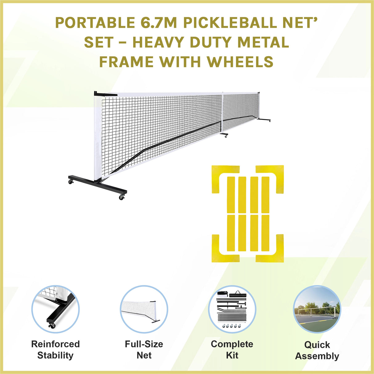 Portable 6.7m Pickleball Net Set – Heavy Duty Metal Frame with Wheels