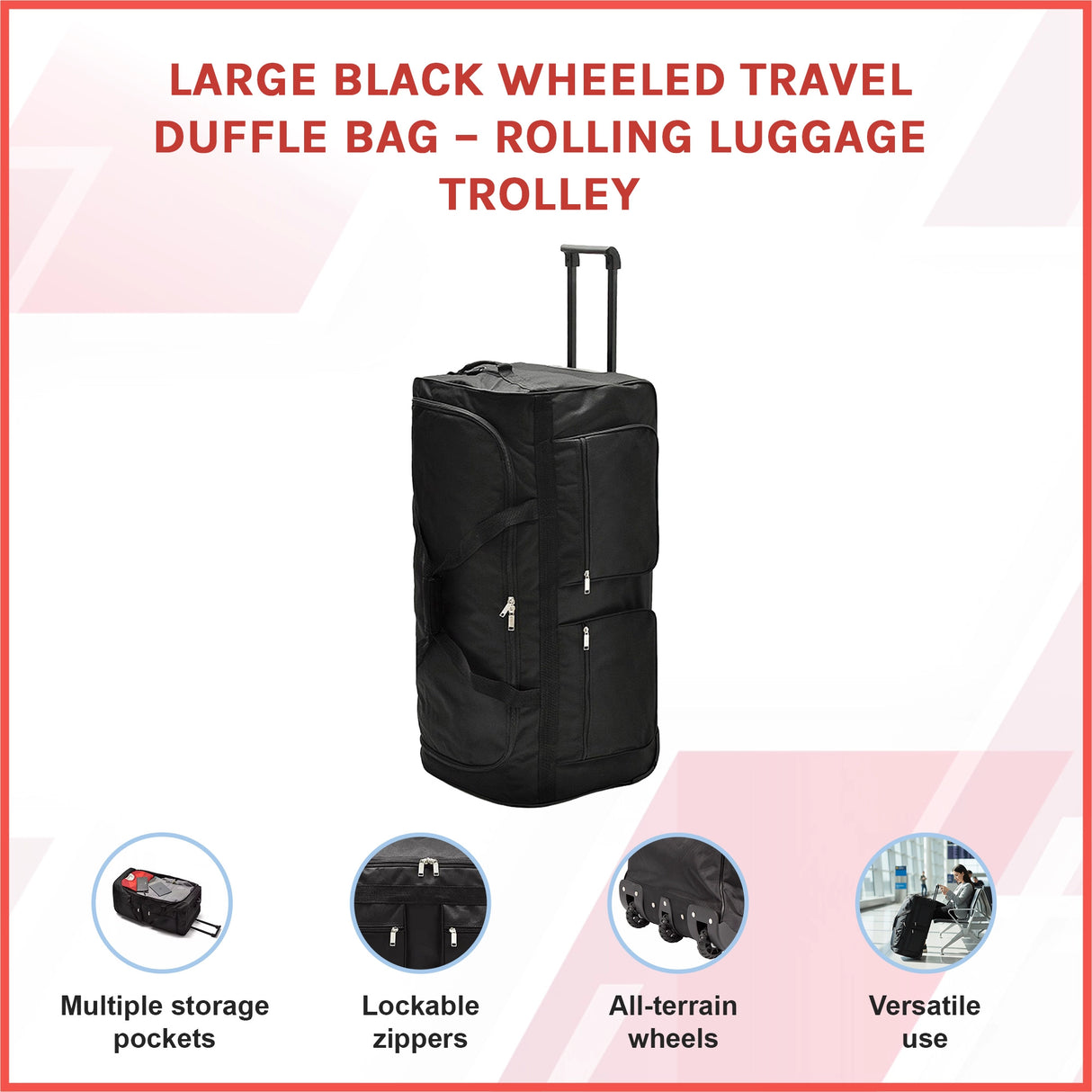 Large Black Wheeled Travel Duffle Bag – Rolling Luggage Trolley