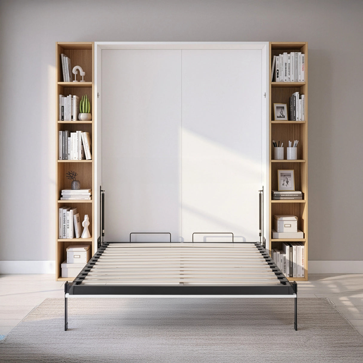 Double Wall Bed in White Gloss – Space Saving Murphy Bed Kit with Black Door Handle