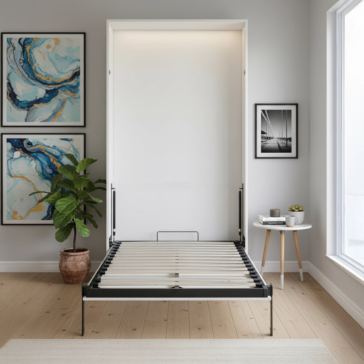 King-single Wall Bed in White Gloss – Space Saving Murphy Bed Kit with Black Door Handle