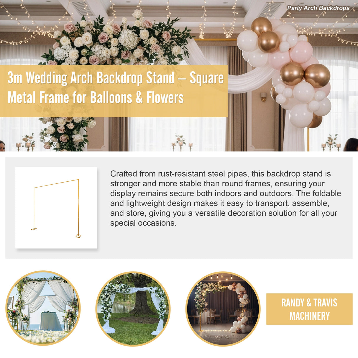 3m Wedding Arch Backdrop Stand – Square Metal Frame for Balloons & Flowers